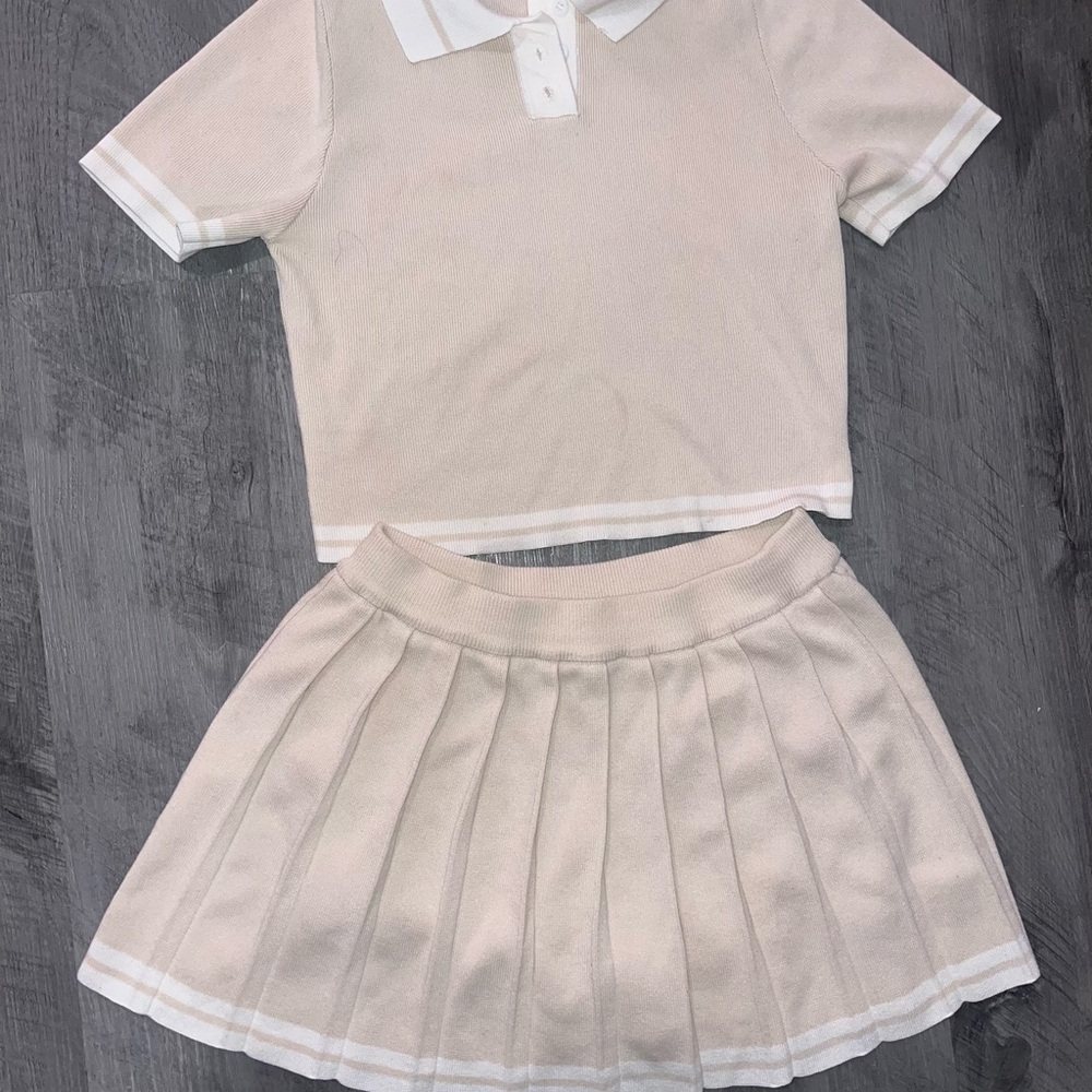 Women’s Knit Top and Pleated Skirt Set  in Light Beige